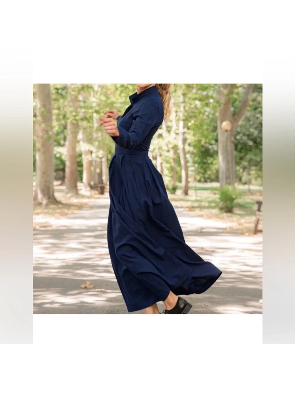 TORY BURCH SILK Navy Blue 100% Silk Pleated Midi Shirtdress long sleeve